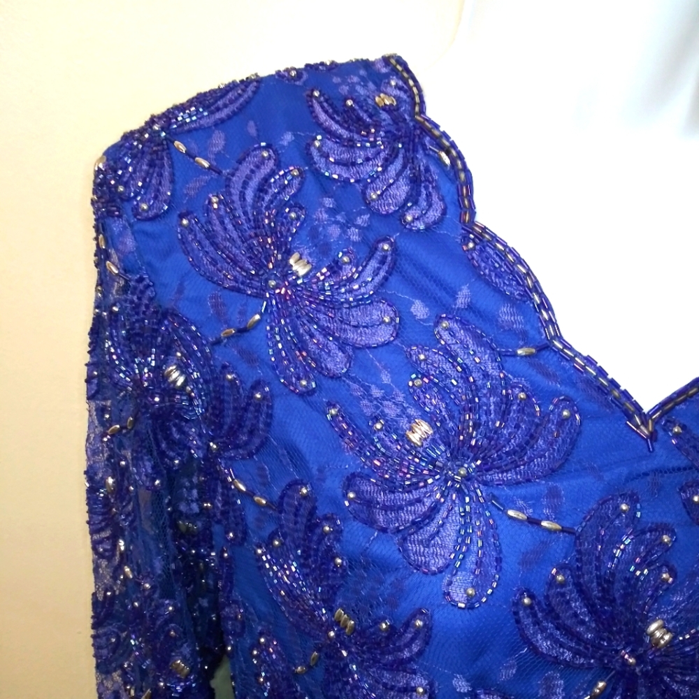 Vintage 1980's Robert Anthony Royal Blue & Purple Beaded Cocktail Dres - Picture 4 of 14